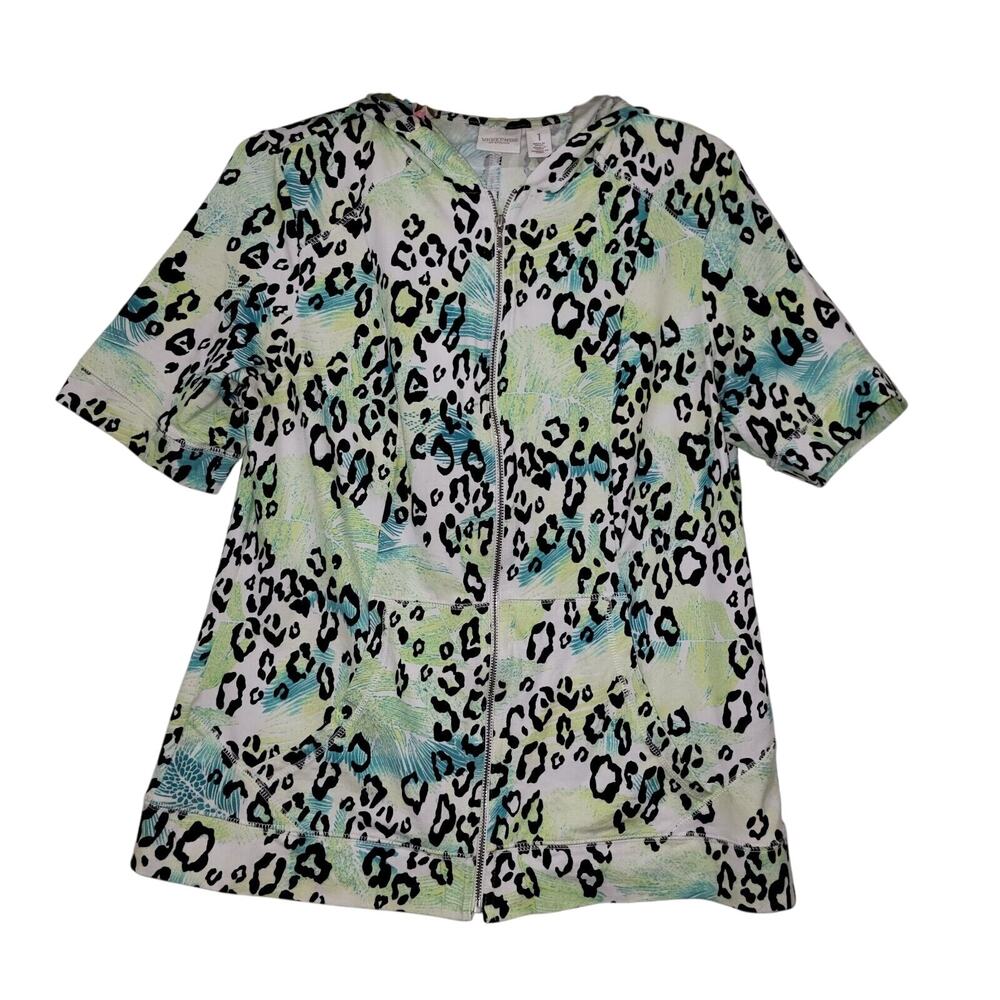 Weekends By Chicos Size 1 Medium Pastel Leopard Print Hood Jacket Coastal Resort